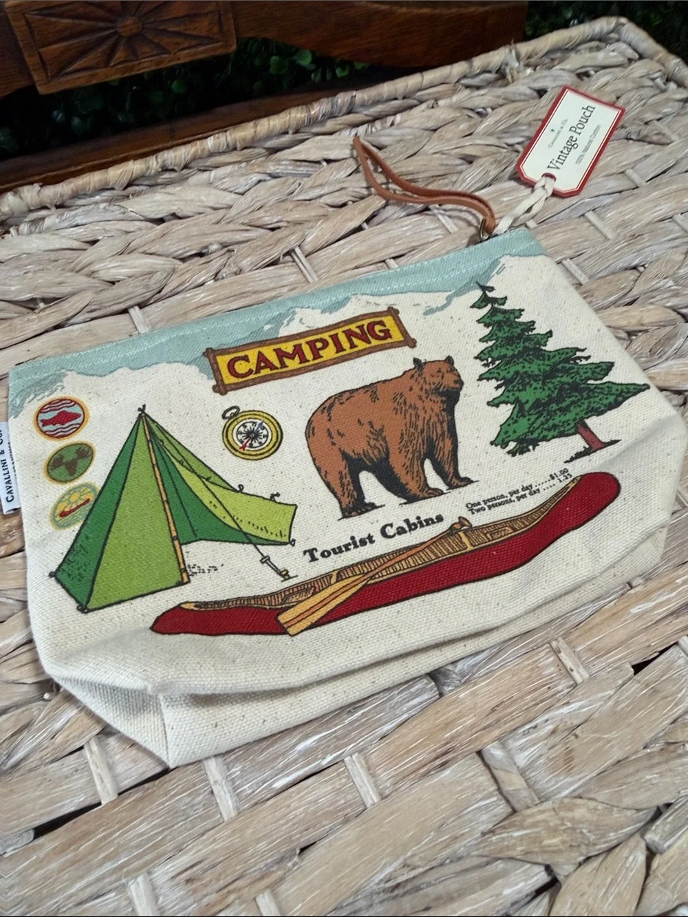 Vintage Camping Canvas Cosmetic Pouch - Green & Cream